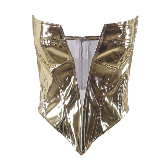 Sexy Frauen Shiny Gold Silber Bustier Crop Tops Helle PU Leder Krone Gürtel Abnehmen Taille Liebsten Low-cut Korsett top Sommer Festival Outfits | Techno Shirts | Rave Clothing