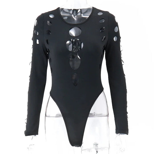 Shestyle Schwarz Aushöhlen Design Körper für Frauen Kalten Schulter Hohe Taille Sexy Halloween Heißer Dame Bodys Neue-Gefunden top Solide Festival Outfits | Techno Shirts | Rave Clothing
