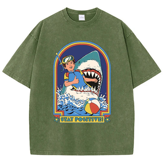 Bleiben Sie positiv, Cartoon-Druck, Damen-Wasch-T-Shirt, atmungsaktiv, bequem, kurzärmelig, modisch, cooles T-Shirt, Not-O-Ausschnitt-Kleidung Festival Outfits | Techno Shirts | Rave Clothing