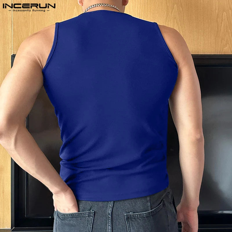 Incerun Tops 2024 koreanischen Stil Männer Schulter gurt Design sexy elastische Westen lässig gut sitzende solide ärmellose Weste S-5XL Festival Outfits | Techno Shirts | Rave Clothing