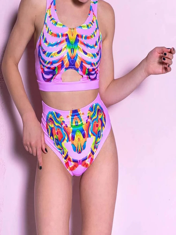 Halloween Schädel drucken Cosplay Kostüm Frauen sexy Schädel Nabel Top Shorts Festival Party bunte psyche delische Dress Up Rave Outfit Festival Outfits | Techno Shirts | Rave Clothing