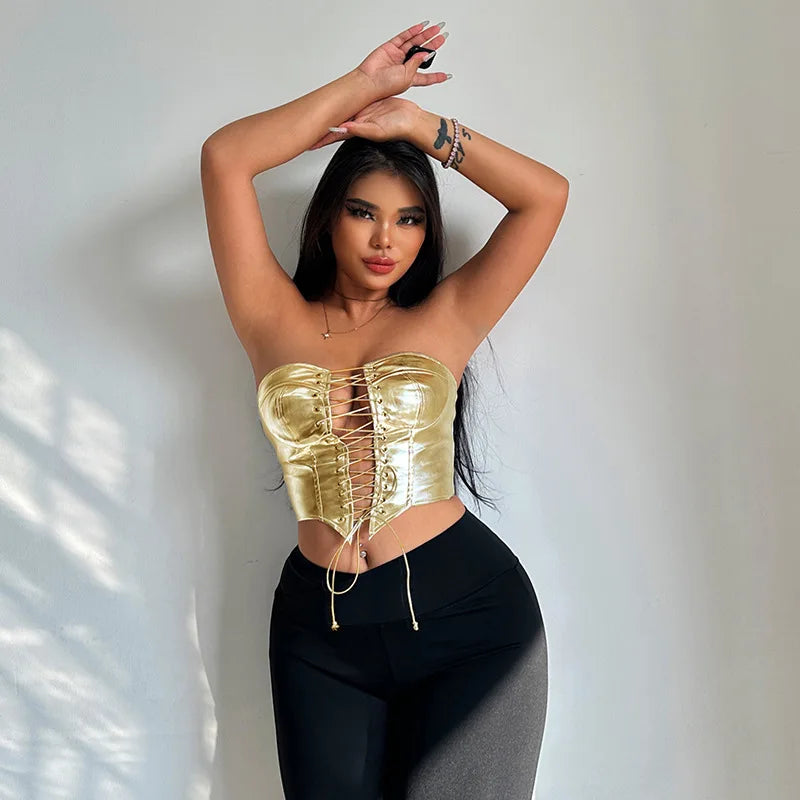 Sexy Frauen Shiny Gold Silber Bustier Crop Tops Helle PU Leder Krone Gürtel Abnehmen Taille Liebsten Low-cut Korsett top Sommer Festival Outfits | Techno Shirts | Rave Clothing