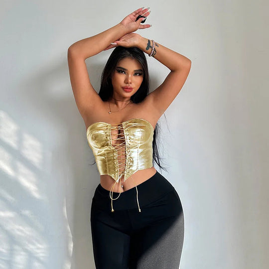 Sexy Frauen Shiny Gold Silber Bustier Crop Tops Helle PU Leder Krone Gürtel Abnehmen Taille Liebsten Low-cut Korsett top Sommer Festival Outfits | Techno Shirts | Rave Clothing