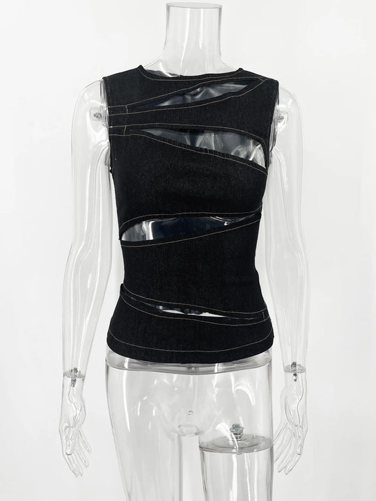 Talenza Damen-Weste, ärmellos, Rundhalsausschnitt, Sommer, einfarbig, hohl, schmale Weste, Top, modisch, sexy Streetwear, Damen, schmale Weste Festival Outfits | Techno Shirts | Rave Clothing