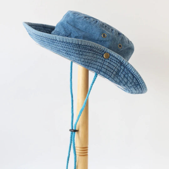2025 Blaue Cowboy-Wander-Eimerhüte mit Schnur, Herren-Denim-Strand-Sonnenhut für Damen, Outdoor, Paar, Bob, Panama, Sommer-Fischerkappe Festival Outfits | Techno Shirts | Rave Clothing