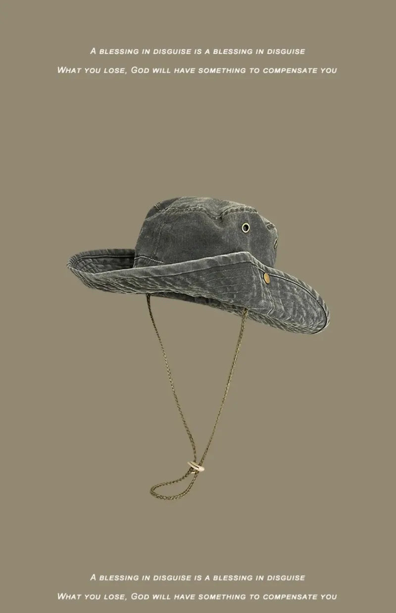 2025 Blaue Cowboy-Wander-Eimerhüte mit Schnur, Herren-Denim-Strand-Sonnenhut für Damen, Outdoor, Paar, Bob, Panama, Sommer-Fischerkappe Festival Outfits | Techno Shirts | Rave Clothing