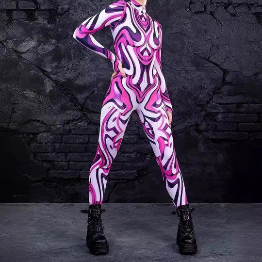 Colorful 3D Printing Women Holiday Party Cyber Punk Rainbow Jumpsuit Onesie Halloween Cosplay Costume Elastic Bodysuit Romper Festival Outfits | Techno Shirts | Rave Clothing