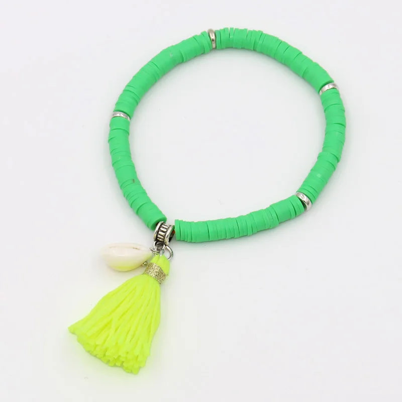 Handgemachte Schmuck Boho Armbänder für Frauen Mode Bunte Polymer Clay Perlen Shell Quaste Armband Geschenke für Weibliche Mädchen Festival Outfits | Techno Shirts | Rave Clothing