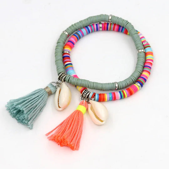 Handgemachte Schmuck Boho Armbänder für Frauen Mode Bunte Polymer Clay Perlen Shell Quaste Armband Geschenke für Weibliche Mädchen Festival Outfits | Techno Shirts | Rave Clothing