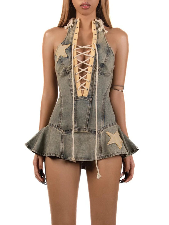 TWOTWINSTYLE Gespleißt Spitze Up Abnehmen Kleider Für Frauen O Hals Ärmellose Hohe Taille Temperament Mini Kleid Weibliche Mode Stil Festival Outfits | Techno Shirts | Rave Clothing