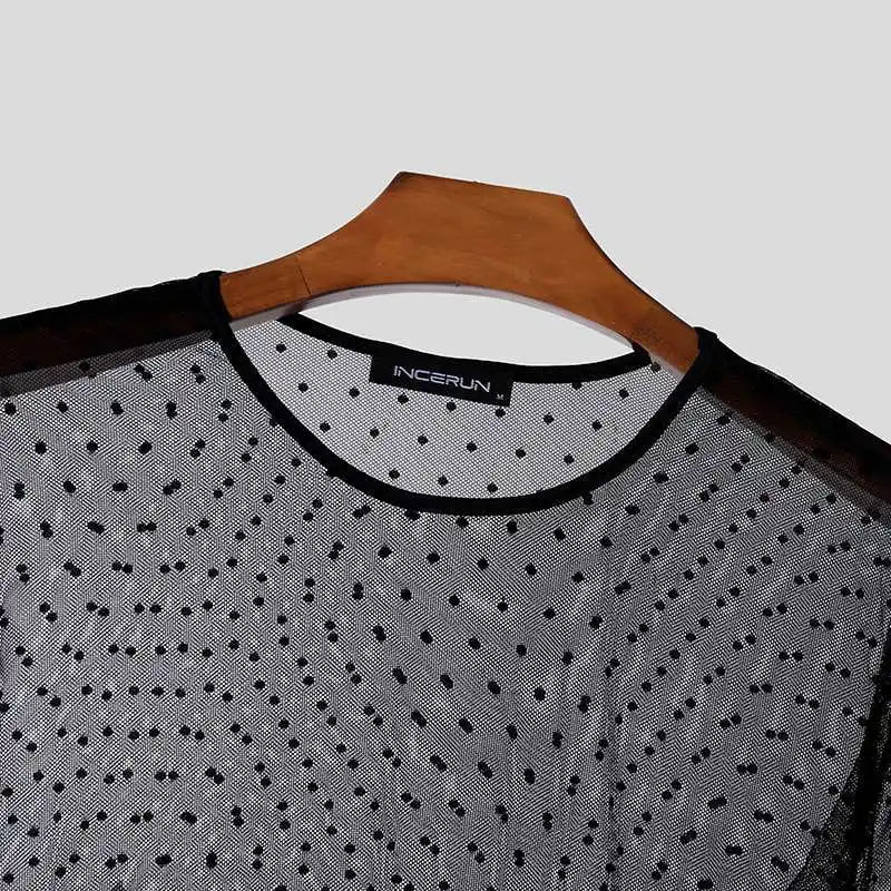INCERUN Men T Shirt Polka Dot Printing Mesh Transparent O-neck Long Sleeve Men Clothing Streetwear 2024 Fashion Party Camisetas Festival Outfits | Techno Shirts | Rave Clothing