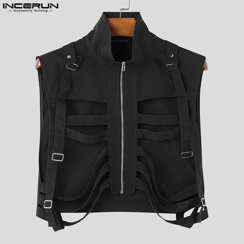 INCERUN 2024 Mens Tops Stylish Hot Sale Deconstruction Design Vests Sexy Male Personality Hollow Solid Cropped Zipper Waistcoats Festival Outfits | Techno Shirts | Rave Clothing