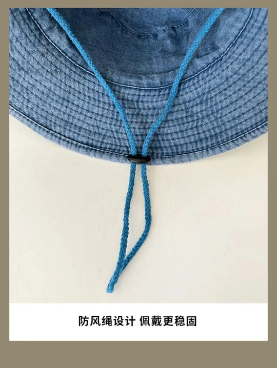 2025 Blaue Cowboy-Wander-Eimerhüte mit Schnur, Herren-Denim-Strand-Sonnenhut für Damen, Outdoor, Paar, Bob, Panama, Sommer-Fischerkappe Festival Outfits | Techno Shirts | Rave Clothing