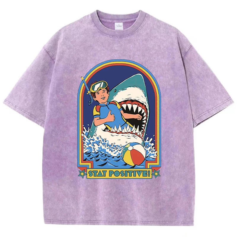 Bleiben Sie positiv, Cartoon-Druck, Damen-Wasch-T-Shirt, atmungsaktiv, bequem, kurzärmelig, modisch, cooles T-Shirt, Not-O-Ausschnitt-Kleidung Festival Outfits | Techno Shirts | Rave Clothing