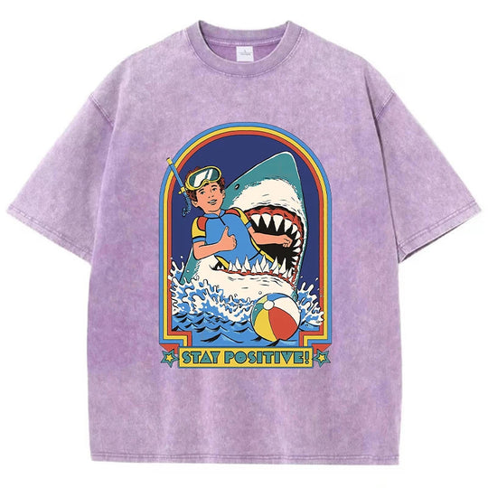 Bleiben Sie positiv, Cartoon-Druck, Damen-Wasch-T-Shirt, atmungsaktiv, bequem, kurzärmelig, modisch, cooles T-Shirt, Not-O-Ausschnitt-Kleidung Festival Outfits | Techno Shirts | Rave Clothing