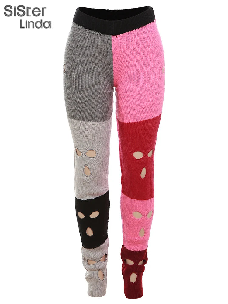 Sister linda gestrickte hipster chic y2k hohle hose frauen zerrissen elastische hohe taille lässige basi hose weibliche hosen streetwear FESTIVAL OUTFITS & STREETWEAR
