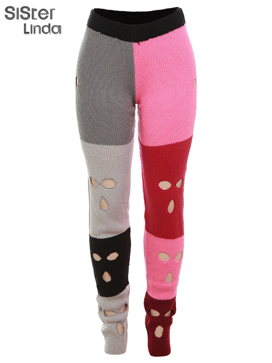 Sister linda gestrickte hipster chic y2k hohle hose frauen zerrissen elastische hohe taille lässige basi hose weibliche hosen streetwear FESTIVAL OUTFITS & STREETWEAR