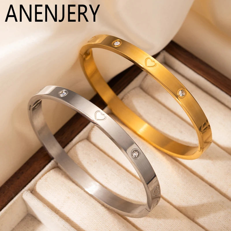 ANENJERY 316L Edelstahl Glatte Intarsien Zirkon Herz Armband für Frauen Männer Einfache Mode Temperament Schmuck Geschenke Täglich Festival Outfits | Techno Shirts | Rave Clothing