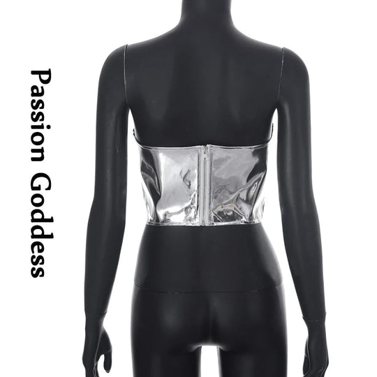 Sexy Frauen Shiny Gold Silber Bustier Crop Tops Helle PU Leder Krone Gürtel Abnehmen Taille Liebsten Low-cut Korsett top Sommer Festival Outfits | Techno Shirts | Rave Clothing