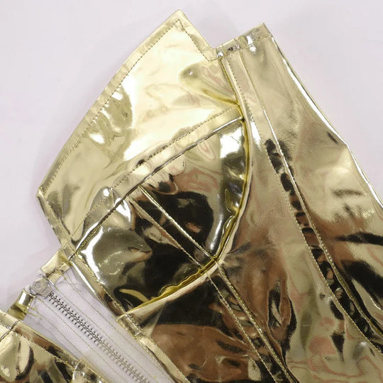 Sexy Frauen Shiny Gold Silber Bustier Crop Tops Helle PU Leder Krone Gürtel Abnehmen Taille Liebsten Low-cut Korsett top Sommer Festival Outfits | Techno Shirts | Rave Clothing