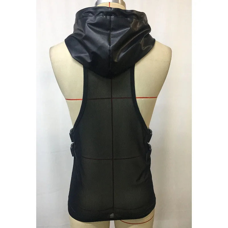 Men's Leather Stitching Net Shirt Motorcycle Leather Vest Top Sexy See-through Hooded Vest Muscular Men Fitness Vest Tank Top Me Festival Outfits | Techno Shirts | Rave Clothing