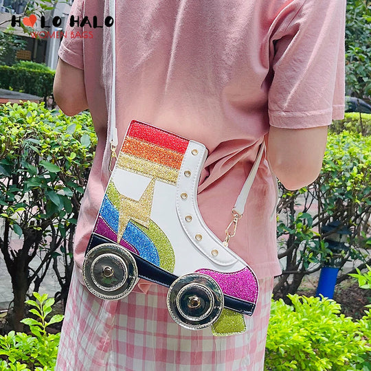 Fun Rainbow Glitter Roller Skate Women Handbag for Girls Novelty Rollerblade Crossbody and Pures Dazzing Daily Shoulder Bag Gift Festival Outfits | Techno Shirts | Rave Clothing