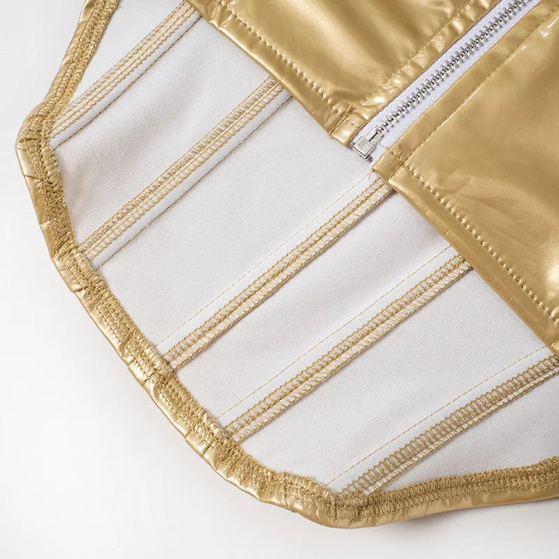 Sexy Frauen Shiny Gold Silber Bustier Crop Tops Helle PU Leder Krone Gürtel Abnehmen Taille Liebsten Low-cut Korsett top Sommer Festival Outfits | Techno Shirts | Rave Clothing