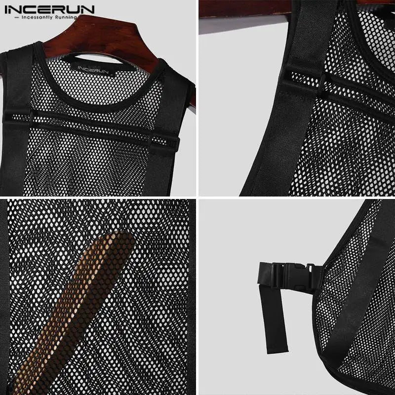 INCERUN Tops 2024 Korean Style Fashion Mens Mesh Hollow Buckle Vests Casual Sexy Male Thin Breathable Sleeveless Tank Tops S-5XL Festival Outfits | Techno Shirts | Rave Clothing