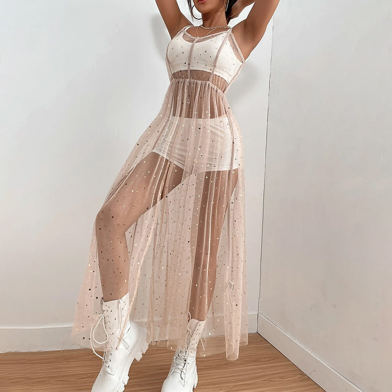 Frauen Glänzende Pailletten Cover Up Kleid Casual Ärmelloses Rückenfreies Sheer Mesh Lose Split Kleid Sommer Urlaub  Strandkittel Festival Outfits | Techno Shirts | Rave Clothing