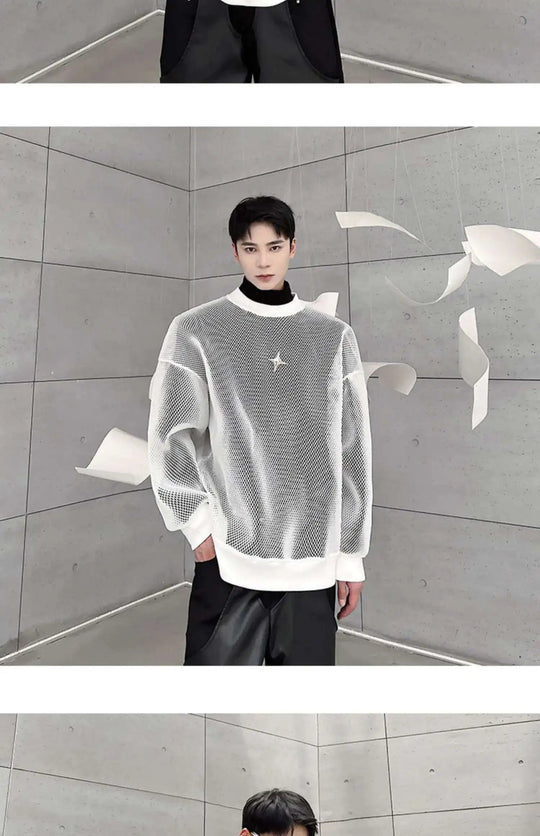 LUZHEN 2025 Frühling High Street Perspektive Original Mesh Design Pullover Herrenmode Metall Schnalle Schmücken Casual Tops LZ3027 Festival Outfits | Techno Shirts | Rave Clothing