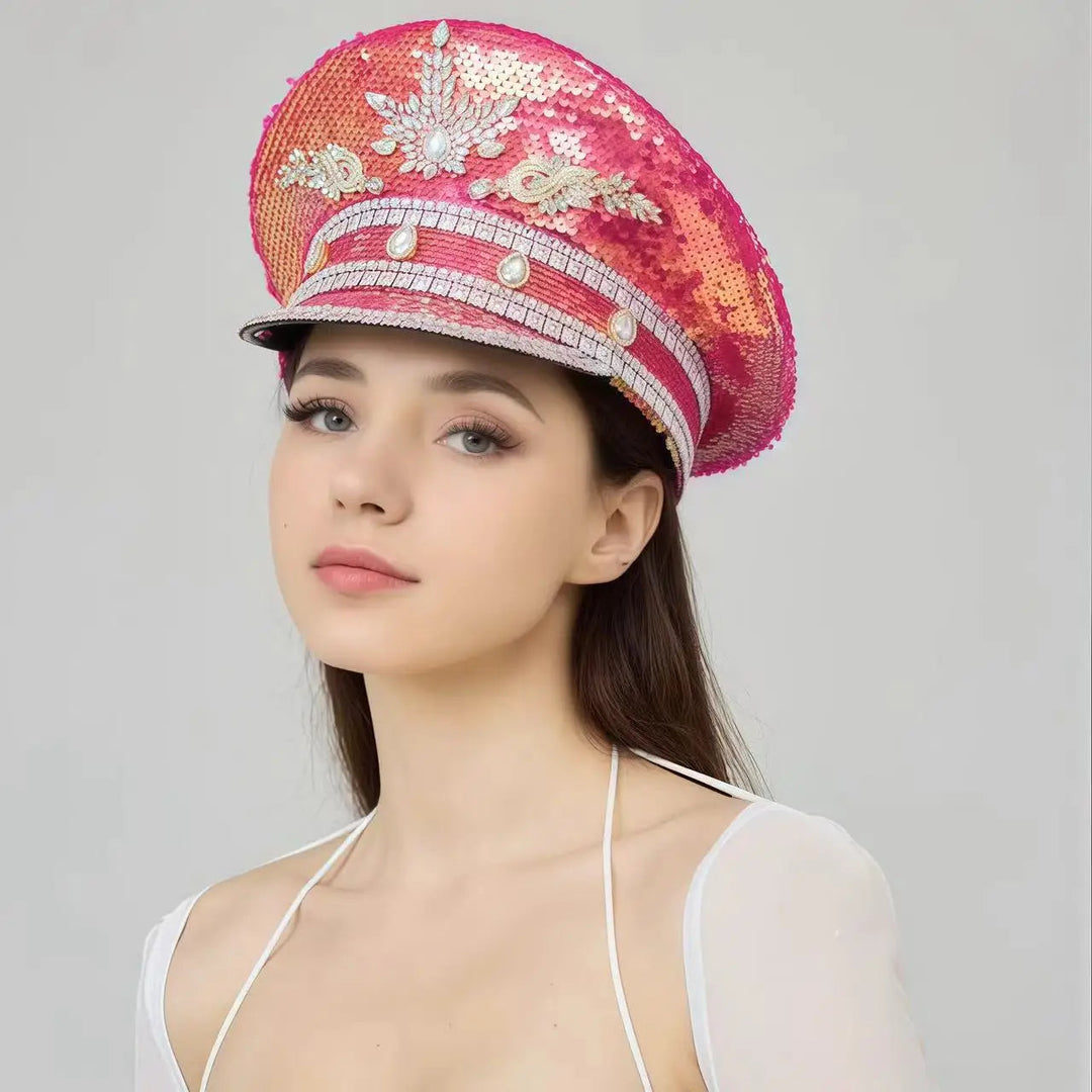 Luxury Festival Captain Hat Rhinestone Military Cap Sergeant Hat Mucis Festival Steampunk Caps for Unisex Adult Masquerade Festival Outfits | Techno Shirts | Rave Clothing