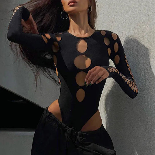 Shestyle Schwarz Aushöhlen Design Körper für Frauen Kalten Schulter Hohe Taille Sexy Halloween Heißer Dame Bodys Neue-Gefunden top Solide Festival Outfits | Techno Shirts | Rave Clothing