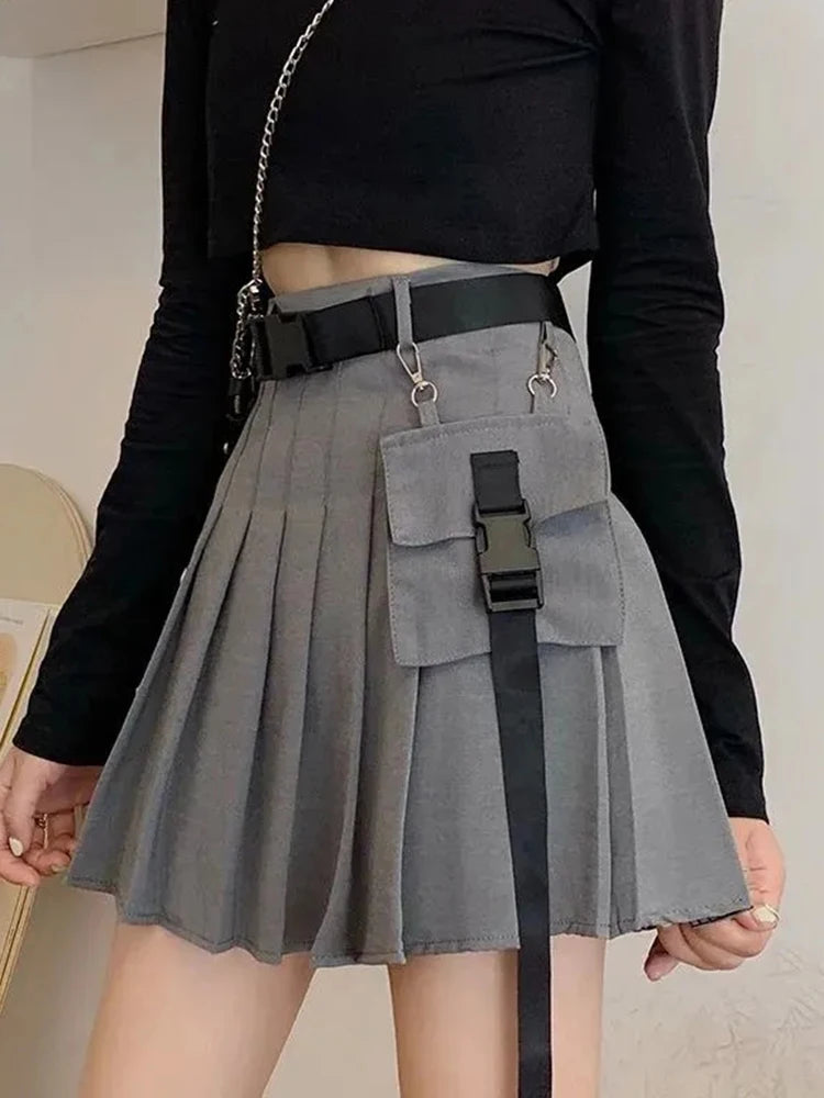 Zoki Harajuku Gürtel Plissee Cargo Rock Frauen Mode Gothic Hohe Taille Tasche Mini Röcke Mode Sommer Dame EINE Linie Schwarz Rock Festival Outfits | Techno Shirts | Rave Clothing