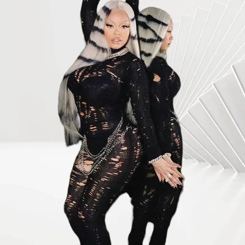 Modischer, einzigartiger Streetwear-Herbst-Damen-Strickoverall mit hoher Taille, ausgehöhlt, lässig, trendiges Langarm-Oberteil Festival Outfits | Techno Shirts | Rave Clothing