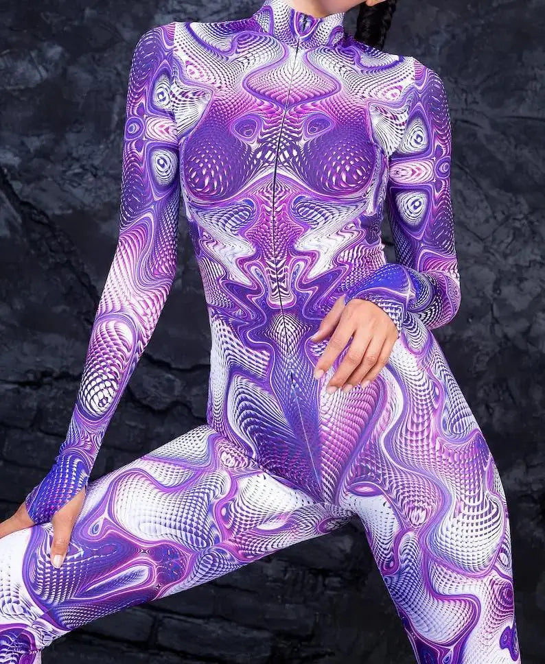 Colorful 3D Printing Women Holiday Party Cyber Punk Rainbow Jumpsuit Onesie Halloween Cosplay Costume Elastic Bodysuit Romper Festival Outfits | Techno Shirts | Rave Clothing