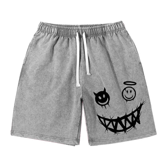 Kurze Sporthose für Herren, Angel&Ghost, bedruckt, gewaschene Säur-Shorts, lockeres gerades Bein, atmungsaktiv, neuer Modetrend, lässig, S-XXL Festival Outfits | Techno Shirts | Rave Clothing