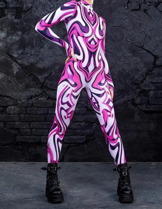 Colorful 3D Printing Women Holiday Party Cyber Punk Rainbow Jumpsuit Onesie Halloween Cosplay Costume Elastic Bodysuit Romper Festival Outfits | Techno Shirts | Rave Clothing