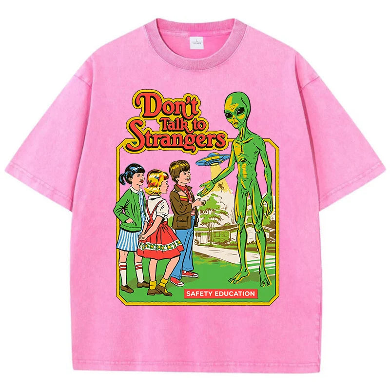 Cartoon Alien Klassische Kommunikation Druck Frauen T-shirt Atmungsaktive Baumwolle Kurzarm Gewaschen Vintage Abgenutzt Weibliche T Shirts Festival Outfits | Techno Shirts | Rave Clothing