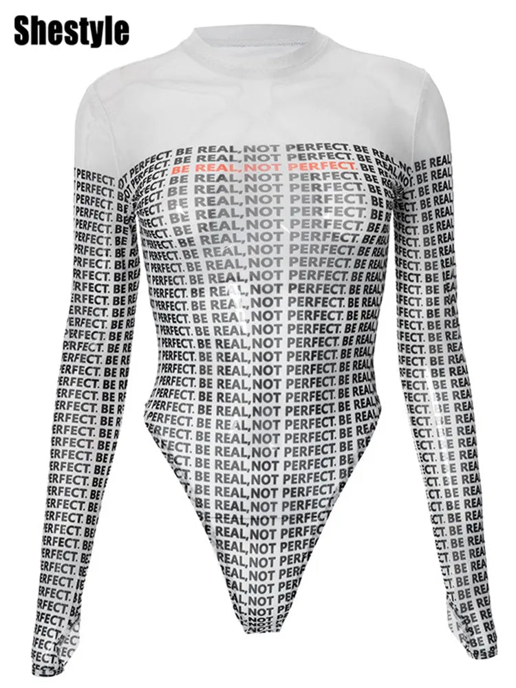 Shestyle Brief Gedruckt Mesh Transparent Bodystui Frauen Getäfelten Zeitung Langarm Rundhals T-Shirts Tanga Schöne Heiße Festival Outfits | Techno Shirts | Rave Clothing
