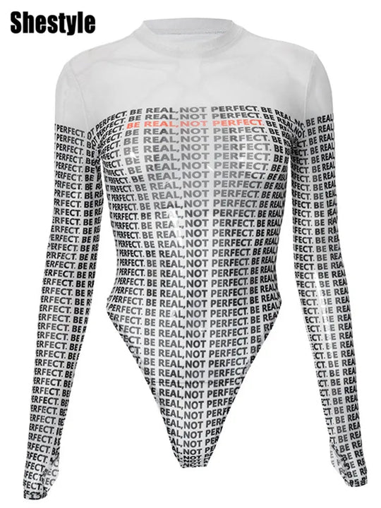 Shestyle Brief Gedruckt Mesh Transparent Bodystui Frauen Getäfelten Zeitung Langarm Rundhals T-Shirts Tanga Schöne Heiße Festival Outfits | Techno Shirts | Rave Clothing