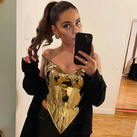Sexy Frauen Shiny Gold Silber Bustier Crop Tops Helle PU Leder Krone Gürtel Abnehmen Taille Liebsten Low-cut Korsett top Sommer Festival Outfits | Techno Shirts | Rave Clothing