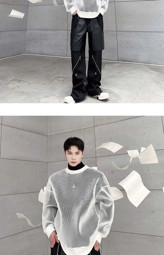 LUZHEN 2025 Frühling High Street Perspektive Original Mesh Design Pullover Herrenmode Metall Schnalle Schmücken Casual Tops LZ3027 Festival Outfits | Techno Shirts | Rave Clothing