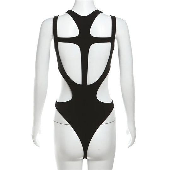 Mall Gothic Hollow Out Sexy Bodys Techwear Fashion Y2k Patchwork Tops Damen Grunge Rückenfrei High Cut Slim Bodysuit Festival Outfits | Techno Shirts | Rave Clothing