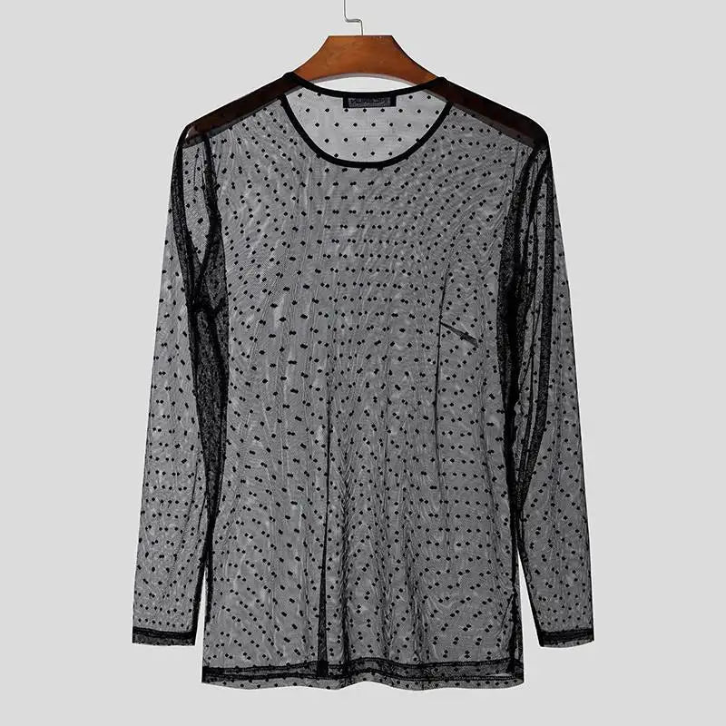 INCERUN Men T Shirt Polka Dot Printing Mesh Transparent O-neck Long Sleeve Men Clothing Streetwear 2024 Fashion Party Camisetas Festival Outfits | Techno Shirts | Rave Clothing