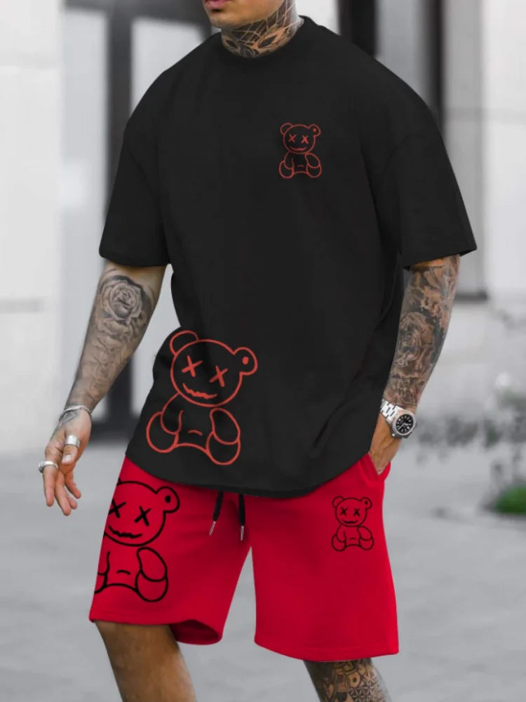 Herren Sommer Cartoon Bär 2-teilige Anzüge Casual T-Shirt und Kordelzug Taille Shorts Set 2025 Urlaub Strand Übergroße Outfits Festival Outfits | Techno Shirts | Rave Clothing