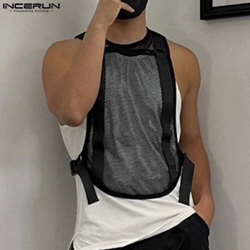 INCERUN Tops 2024 Korean Style Fashion Mens Mesh Hollow Buckle Vests Casual Sexy Male Thin Breathable Sleeveless Tank Tops S-5XL Festival Outfits | Techno Shirts | Rave Clothing