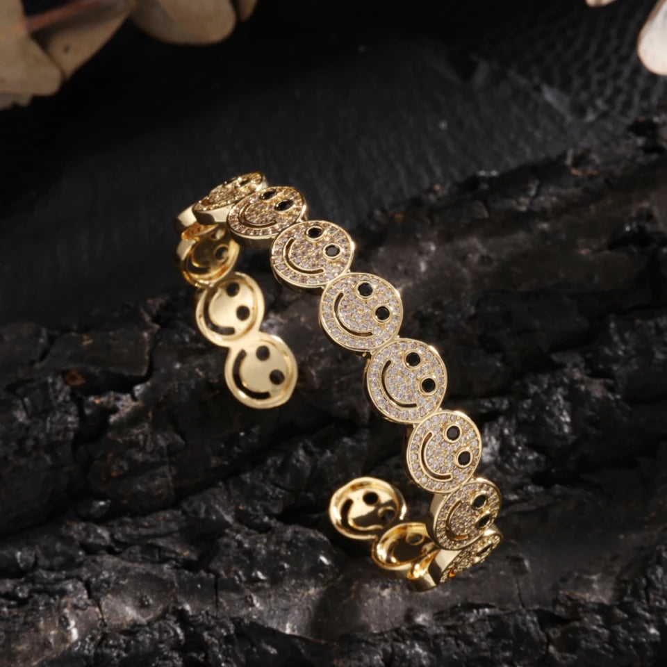 RAKOL Stilvolle Runde Lächeln Smiley Manschette Armreif Kupfer Vergoldet Zirkonia Charme Party Schmuck Für Frauen Männer Geschenke Festival Outfits | Techno Shirts | Rave Clothing