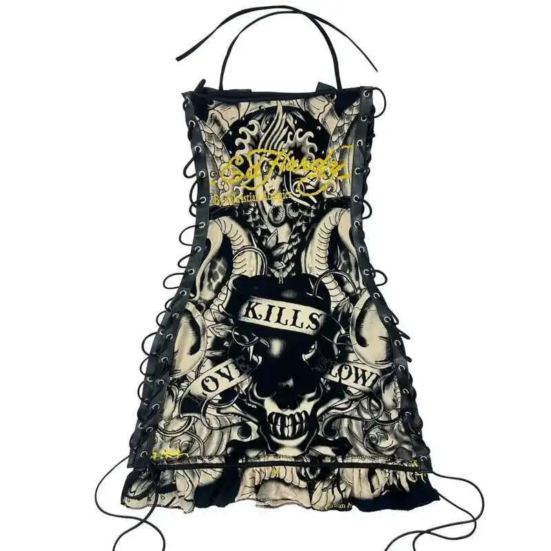Totenkopf bedruckte Gothic-Minikleider für Damen, Schnürung, Neckholder, sexy Kleider, Slash-Ausschnitt, Y2k-Partykleider, A-Linie, figurbetontes Kleid für Damen Festival Outfits | Techno Shirts | Rave Clothing