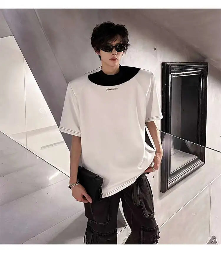 LUZHEN Original Personalisierte Farbe Kontrast Design Kurzarm T-shirts 2025, Sommer Hübsche Schulter Pad Casual Tops JY1473 Festival Outfits | Techno Shirts | Rave Clothing