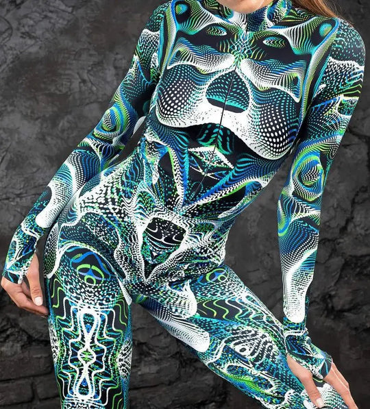 Colorful 3D Printing Women Holiday Party Cyber Punk Rainbow Jumpsuit Onesie Halloween Cosplay Costume Elastic Bodysuit Romper Festival Outfits | Techno Shirts | Rave Clothing